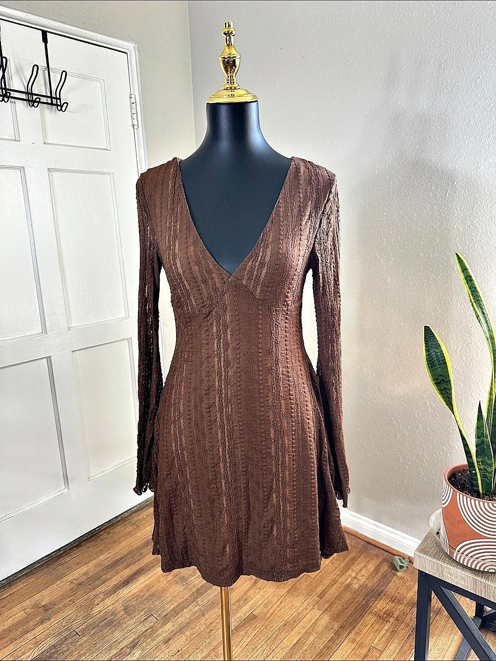 ROMWE Textured V-Neck Mini Dress in Brown Size Medium NWT
